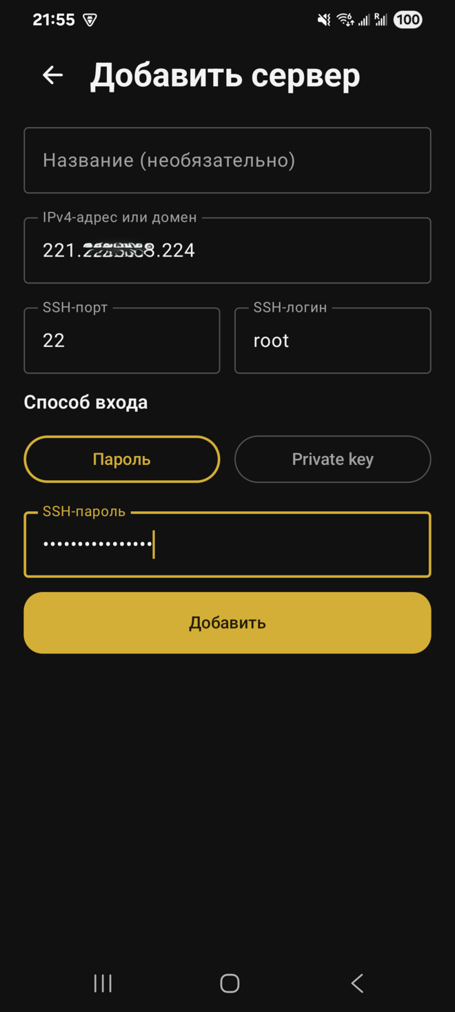 Форма добавления сервера с полями для адреса VPS, SSH-порта, логина и пароля.